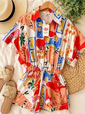 Entro Abstract Print Romper NWT Small Button Front Resort Euro Summer